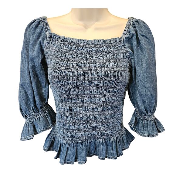 Gap sz M Smocked bust puff sleeve frill denim chambray crop top peplum stretch - Picture 2 of 8